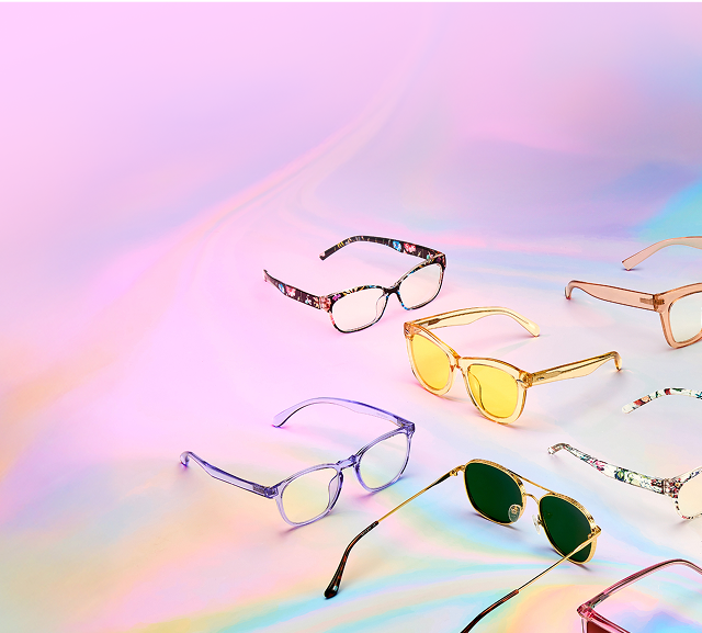 A collection of eyeglasses and sunglasses on a pastel gradient background.