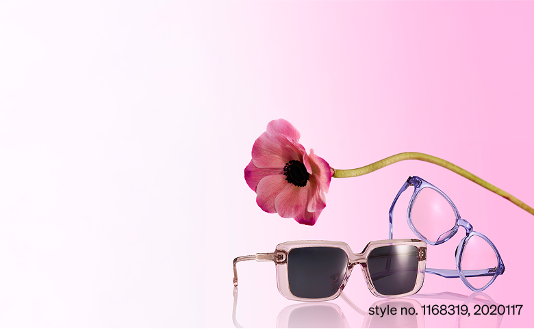 Square sunglasses and blue oval eyeglasses style no. 1168319, 2020117, against a pink gradient background with a pink flower.