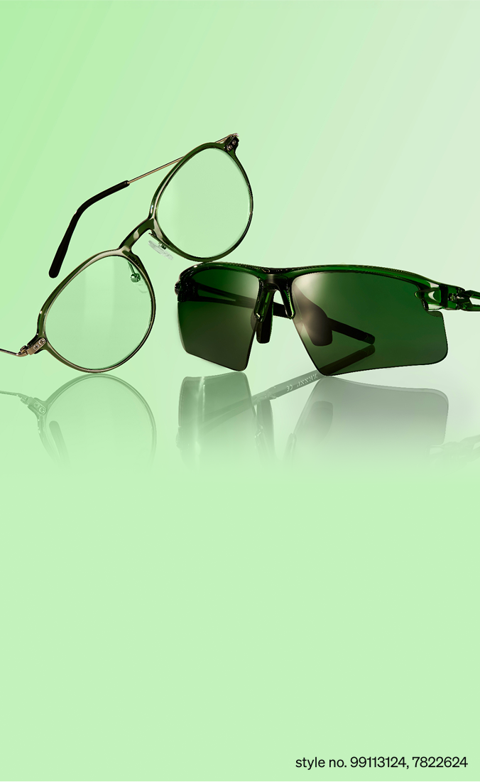 Green round glasses, style 7822624, and sport sunglasses with green-tinted lenses, style 99113124, are set against a soft green background with fresh greenery beside them.