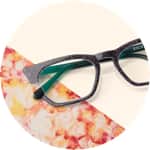 Zenni cat-eye glasses #4445521 on a cream-colored background with colorful accents.