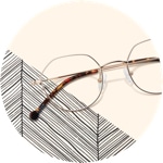 Zenni geometric glasses #157714 on a cream-colored background with chevron pattern accents.