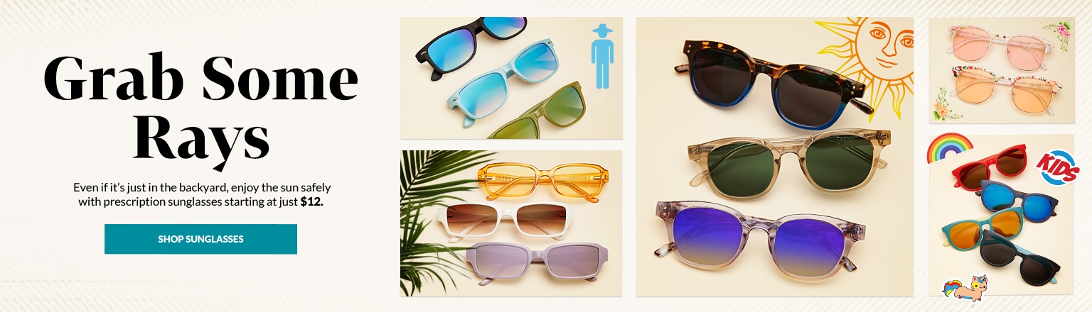 Collage of Zenni sunglasses surrounded by stickers and drawings.