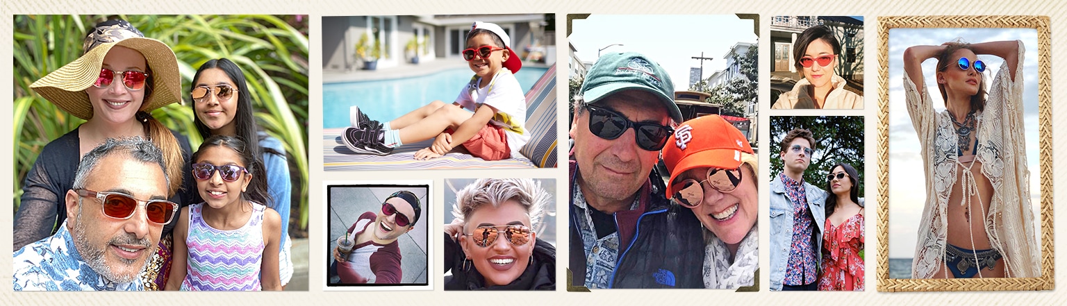 Snapshots of men, women, and kids wearing Zenni’s affordable sunglasses.