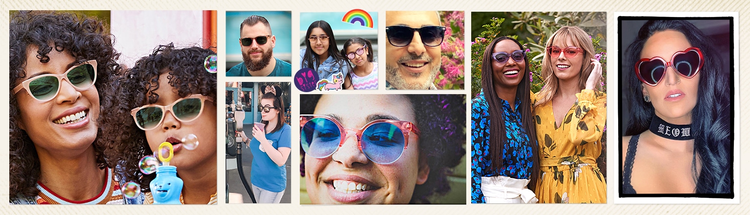 Snapshots of men, women, and kids wearing Zenni’s affordable sunglasses.