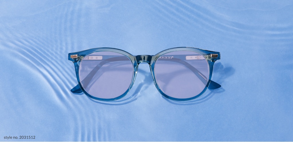 Image of Zenni square glasses #2031512 with pink fashion-tinted lenses, against a rippled water background.