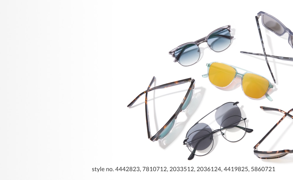 Image of a variety of pairs of zenni sunglasses, including clip-ons.