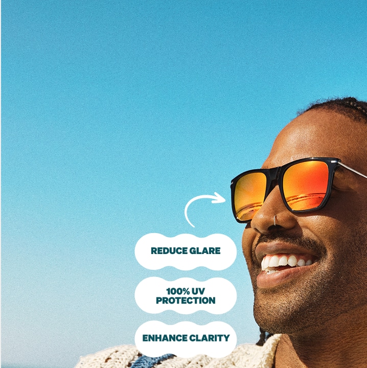 A man with braids wearing square black sunglasses with orange polarized mirror tint lenses. Additional text: Enhance clarity, 100% UV protection, reduce glare.