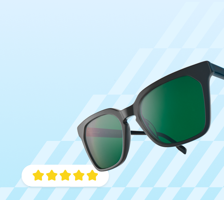 Black Zenni sunglasses with green lenses and bar with 5-star rating on a light blue striped background.