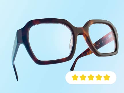 Oversized square brown Zenni eyeglasses with 5-star rating on light blue striped background.
