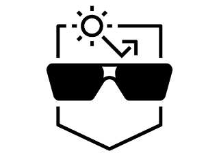 Glasses superimposed over a shield image. A sun has an arrow coming from it, that bends away as it nears the glasses, indicating sun’s rays being reflected away.