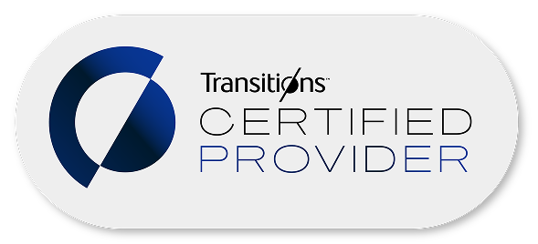 Symbol made from a blue half circle and a blue arch. The Transitions logo and the text: Certified Provider.