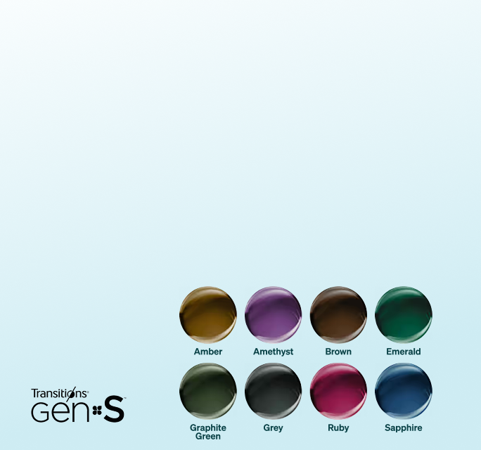 A grid of eight circular lens samples showcasing the different Transitions® Gen S™ colors including Amber, Amethyst, Brown, Emerald, Graphite Green, Grey, Ruby, and Sapphire.