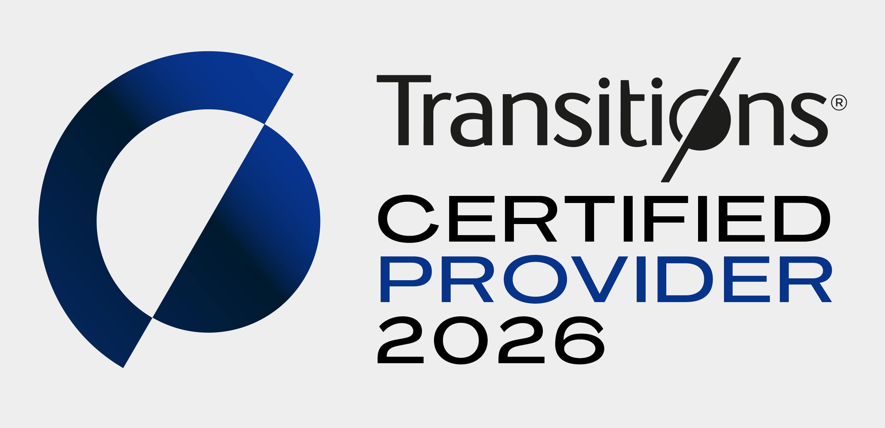 Symbol made from a blue half circle and a blue arch. The Transitions logo and the text: Certified Provider.