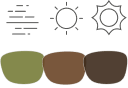 Illustration of an overcast sky with a light green lens below, a sun with a copper lens below, and a bigger sun with a brown lens below.