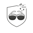 Illustration of sunglasses within a shield shape with a landscape in the top right with sparkles to indicate glare.