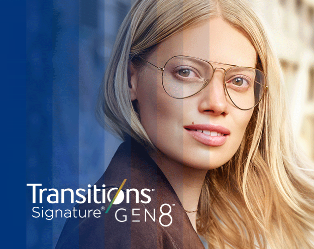 Image of a woman wearing Transitions® glasses.