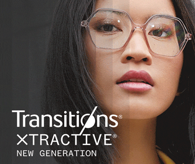 Woman in geometric glasses with Transitions® lenses that change from clear to dark.