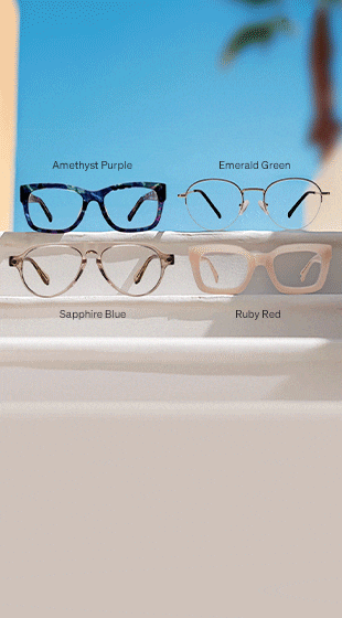 A looping animation shows eyeglasses with lenses that darken outdoors and lighten indoors, demonstrating Transitions® lens technology.