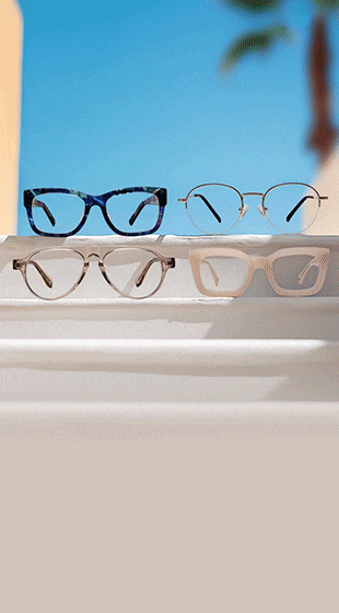 A looping animation shows eyeglasses with lenses that darken outdoors and lighten indoors, demonstrating Transitions® lens technology.