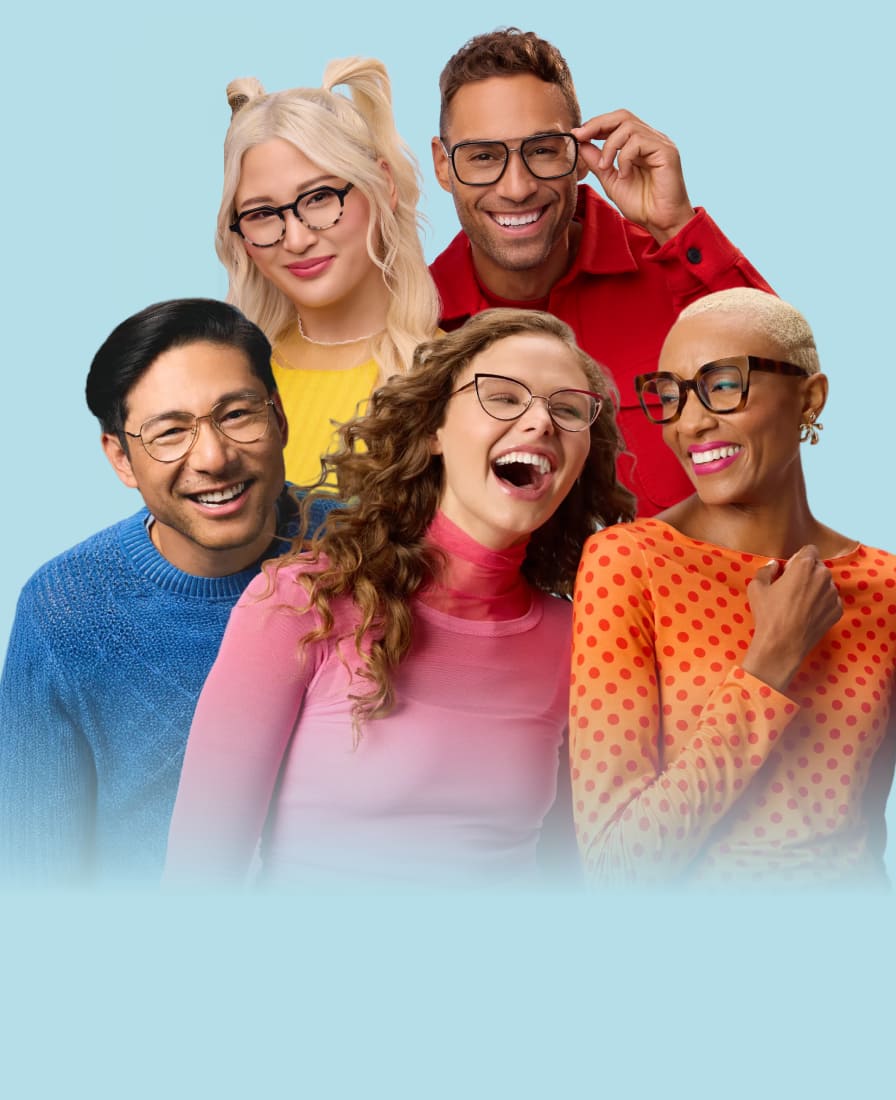 Five smiling models wearing Zenni glasses in different styles against a light blue backdrop.
