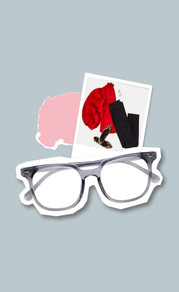 A pair of translucent grey square glasses shown in a collage style with a polaroid of a red top and black jeans against a muted grey background.