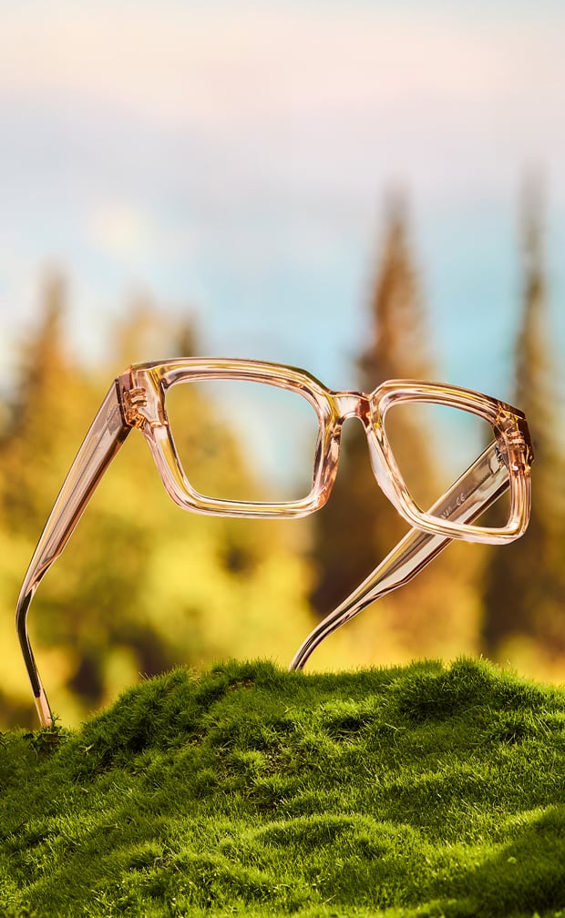 Zenni transparent square glasses on moss with forest backdrop.