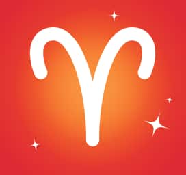 Aries zodiac icon on a red gradient starry background
