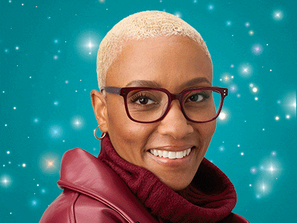 Three models smiling in Zenni glasses against a festive teal background.