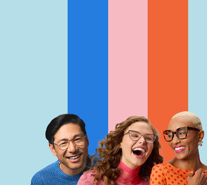 Three diverse people wearing different Zenni frame styles against color-blocked backdrop.