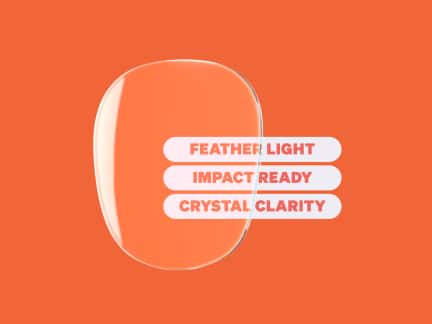 A lens illustration on an orange background with text reading 'Feather Light', 'Impact Ready', and 'Crystal Clarity'.
