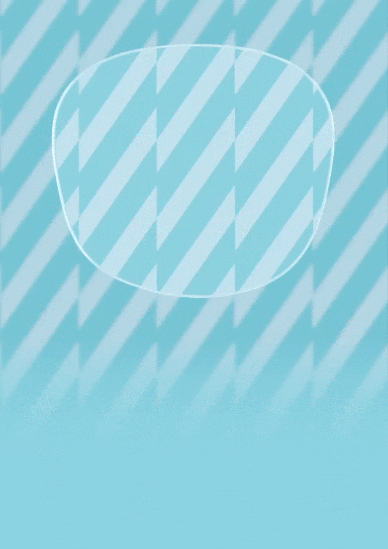 Animated image showing a clear glasses lens over a blue patterned background. First, the lens is in focus while the background is blurred (text says Crystal Clarity). Second, the lens rotates to the side to show how thin it is (text says Feather Light). Third, the lens bounces against the frame of the image (text says Impact Ready). Last, the lens turns sideways and violet colors in the background representing UV light are filtered away (text says UV Defense).