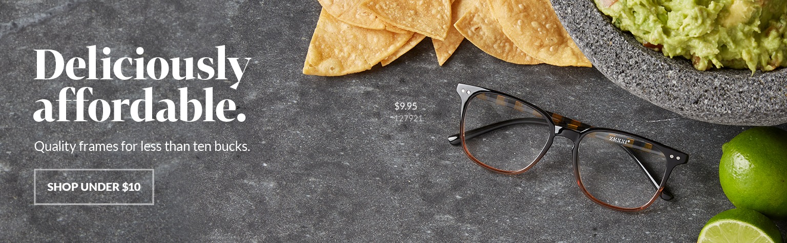Deliciously affordable square glasses #127921 in black ombre pattern next to chips and guacamole.