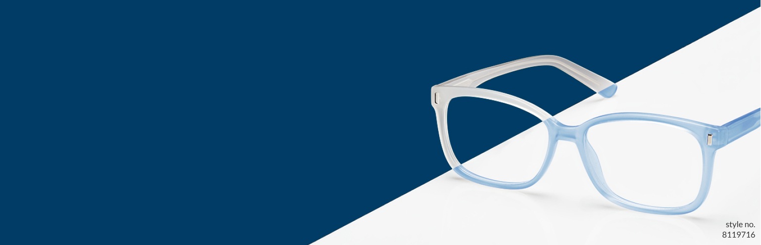 Image of Zenni square Sunlight-Activated frames #8119716. The background is split diagonally across the image, with one part dark blue and the other white, with the glasses showing the before color which is frosty white, and the after-color which is sky blue.