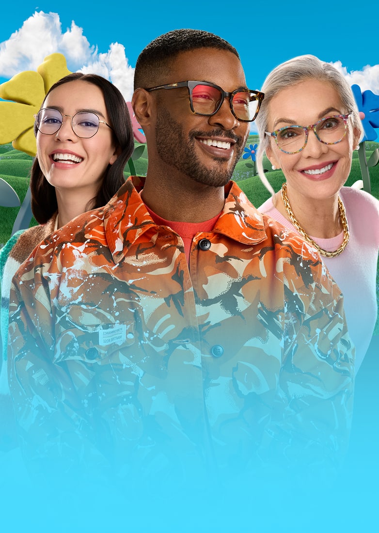 Three smiling people wearing stylish glasses stand in a whimsical landscape with green hills, a toy-like yellow flower, and a blue sky.