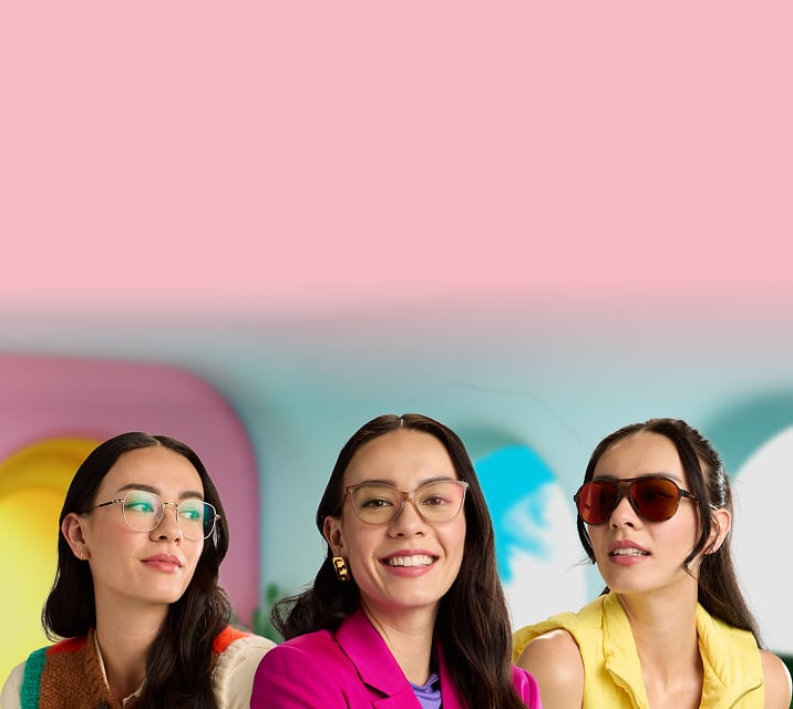 One woman in three different looks wearing Zenni glasses and sunglasses in different styles against a colorful background
