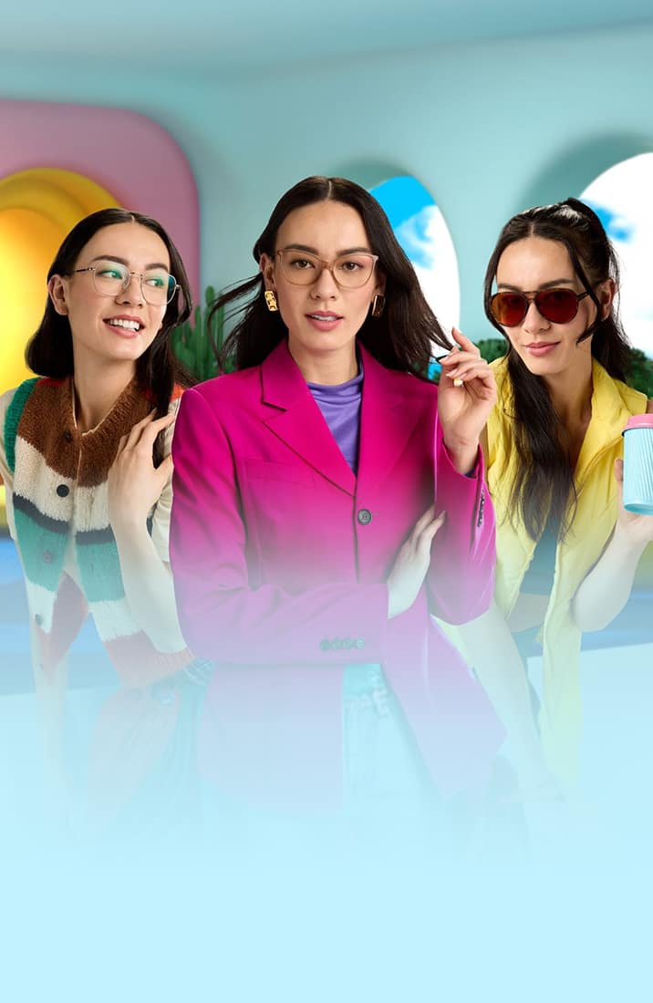 One woman in three different looks wearing Zenni glasses and sunglasses in different styles against a colorful background.