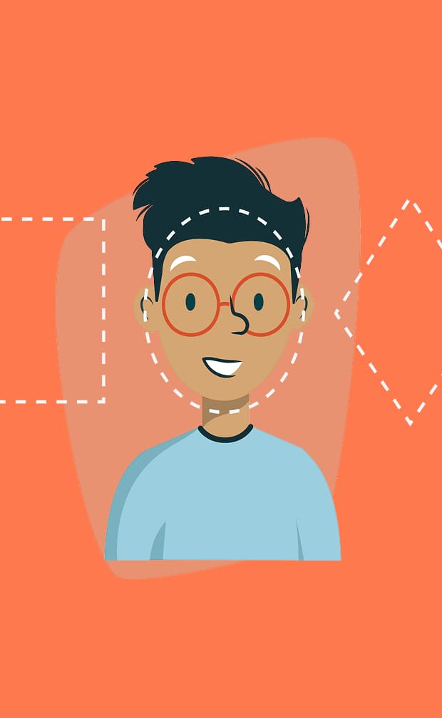 Illustration of a person wearing round glasses with face shape guide lines.