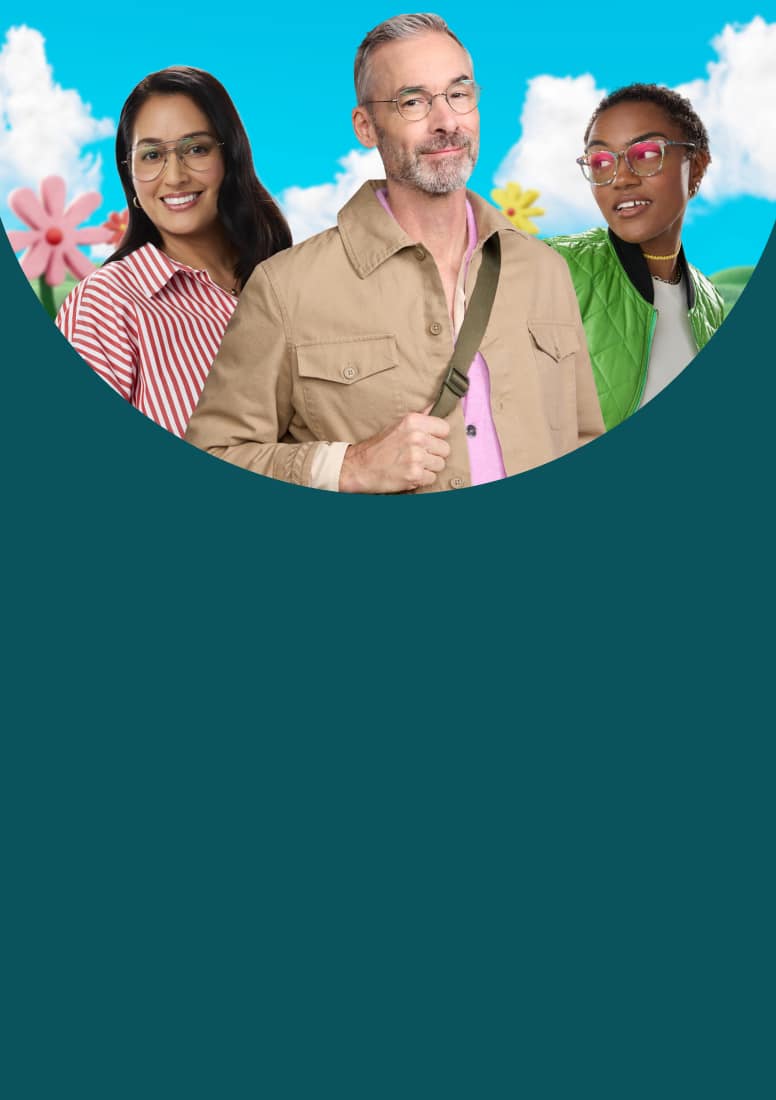 Group of three people wearing Zenni glasses in different styles posing together against a stylized sky background