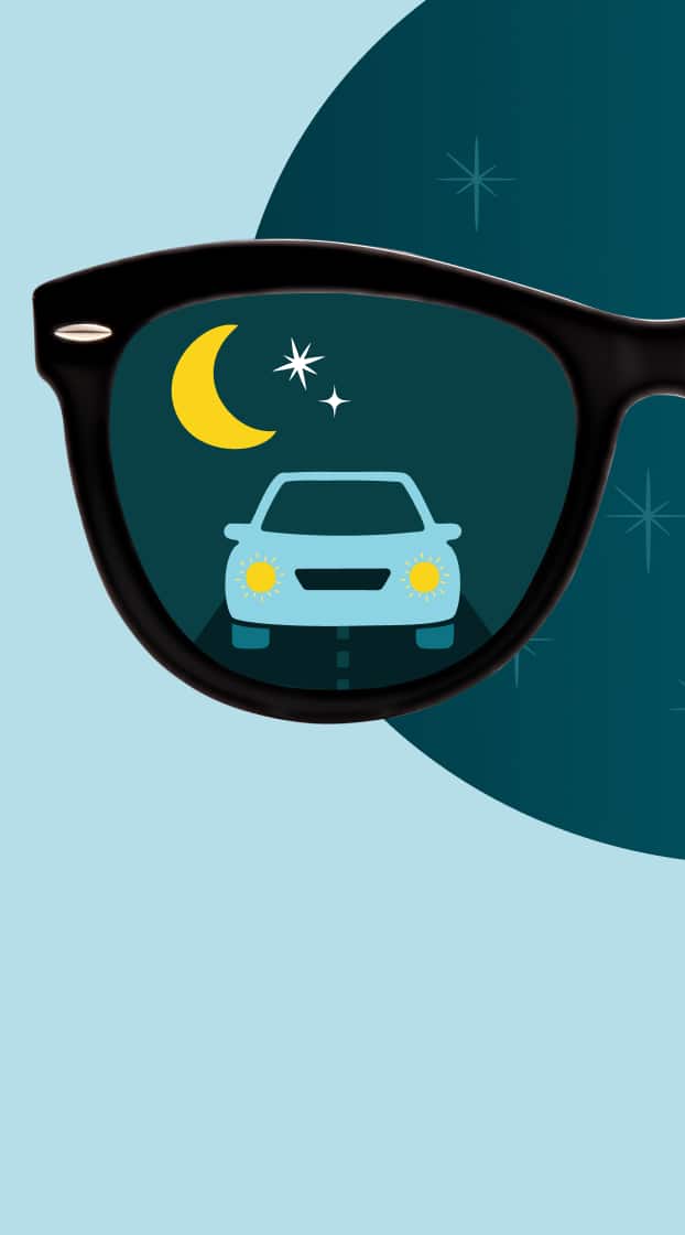 Zenni glasses with tinted lenses shown with a night driving scene illustration for low-light visibility