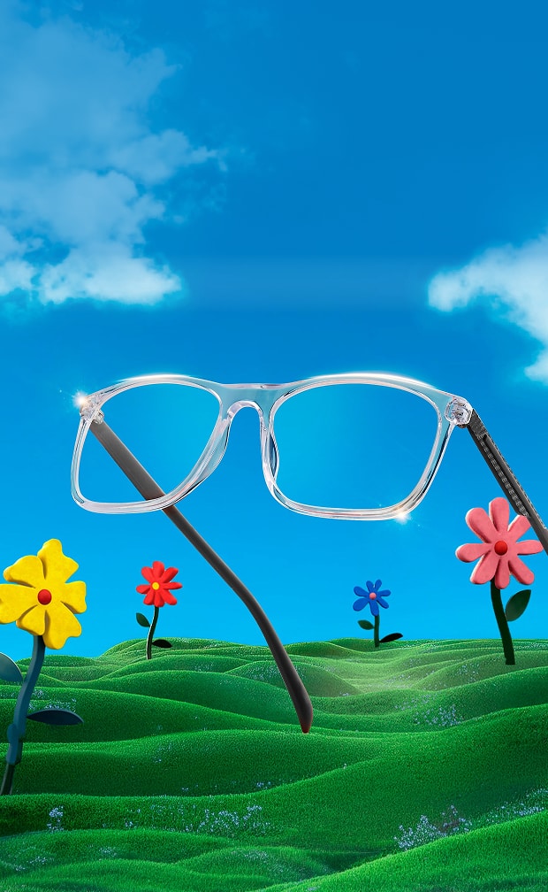 Zenni square glasses in translucent frames against a stylized outdoor background