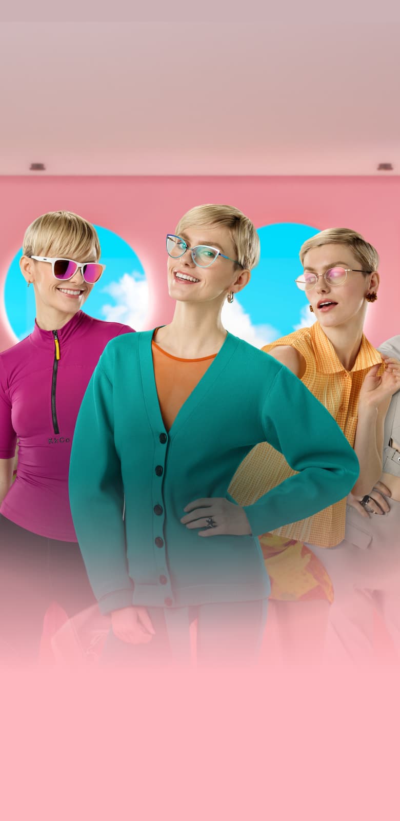 One model showing five different looks, wearing Zenni glasses and sunglasses in colorful styles posing together against a vibrant background