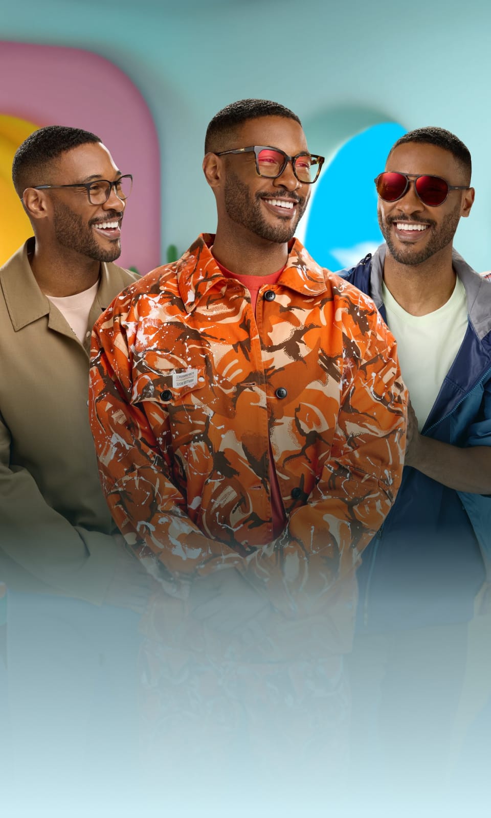 One model showing five different looks, wearing Zenni glasses and sunglasses in colorful styles posing together against a vibrant stylized background