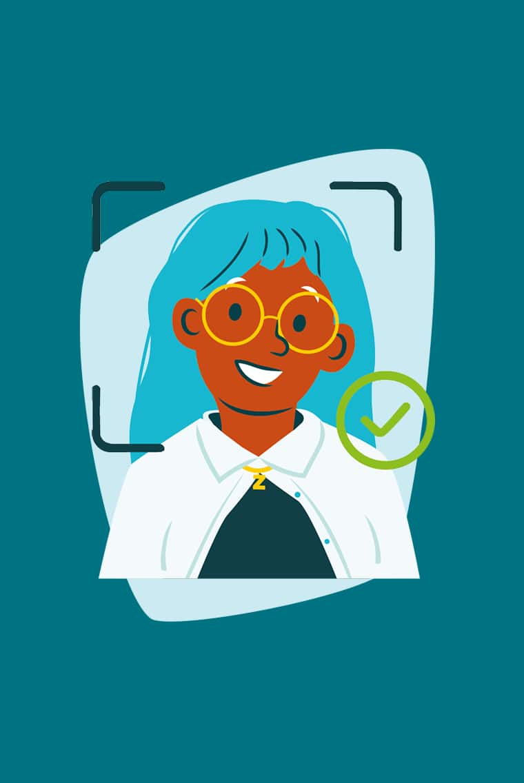 Illustration of a person wearing round glasses with a virtual try-on frame overlay and checkmark icon