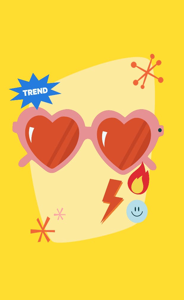 Illustration of heart-shaped sunglasses with colorful graphic elements representing trending Zenni styles