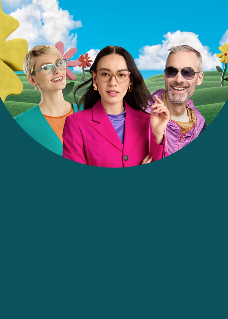 Groupe de trois personnes portant des lunettes Zenni dans différents styles, posant ensemble sur un fond de ciel stylisé