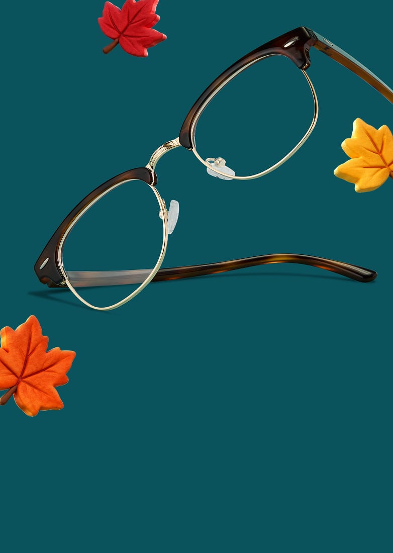 Un style demi-cerclé écaille Zenni présenté avec des feuilles d'automne colorées.