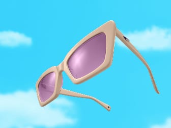 Zenni sunglasses in beige angular frames with purple tinted lenses against a blue sky background