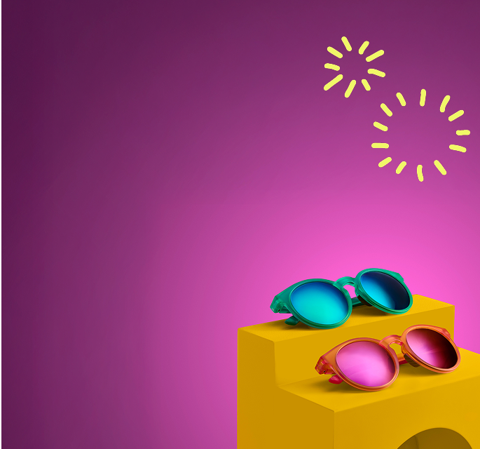 Two pairs of colorful round sunglasses—one teal with blue lenses and one orange with pink lenses—sit on yellow steps against a vibrant magenta background with yellow doodle sparkles.