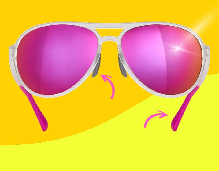 White and pink Zunnies Active Style sunglasses showing off anti-slip grips on a yellow background with directional arrows.