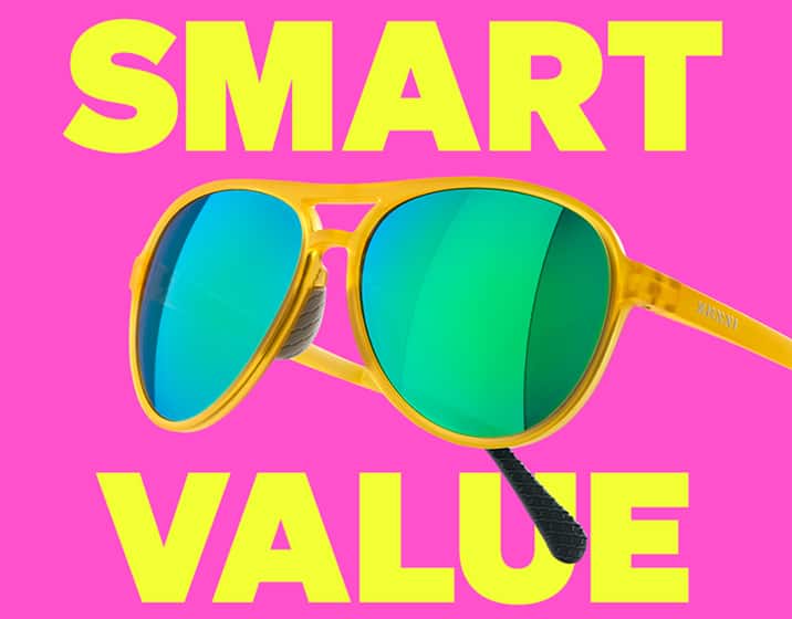 Bright yellow Zunnies Active Style sunglasses with green lenses and “Smart Value” text on a pink background.